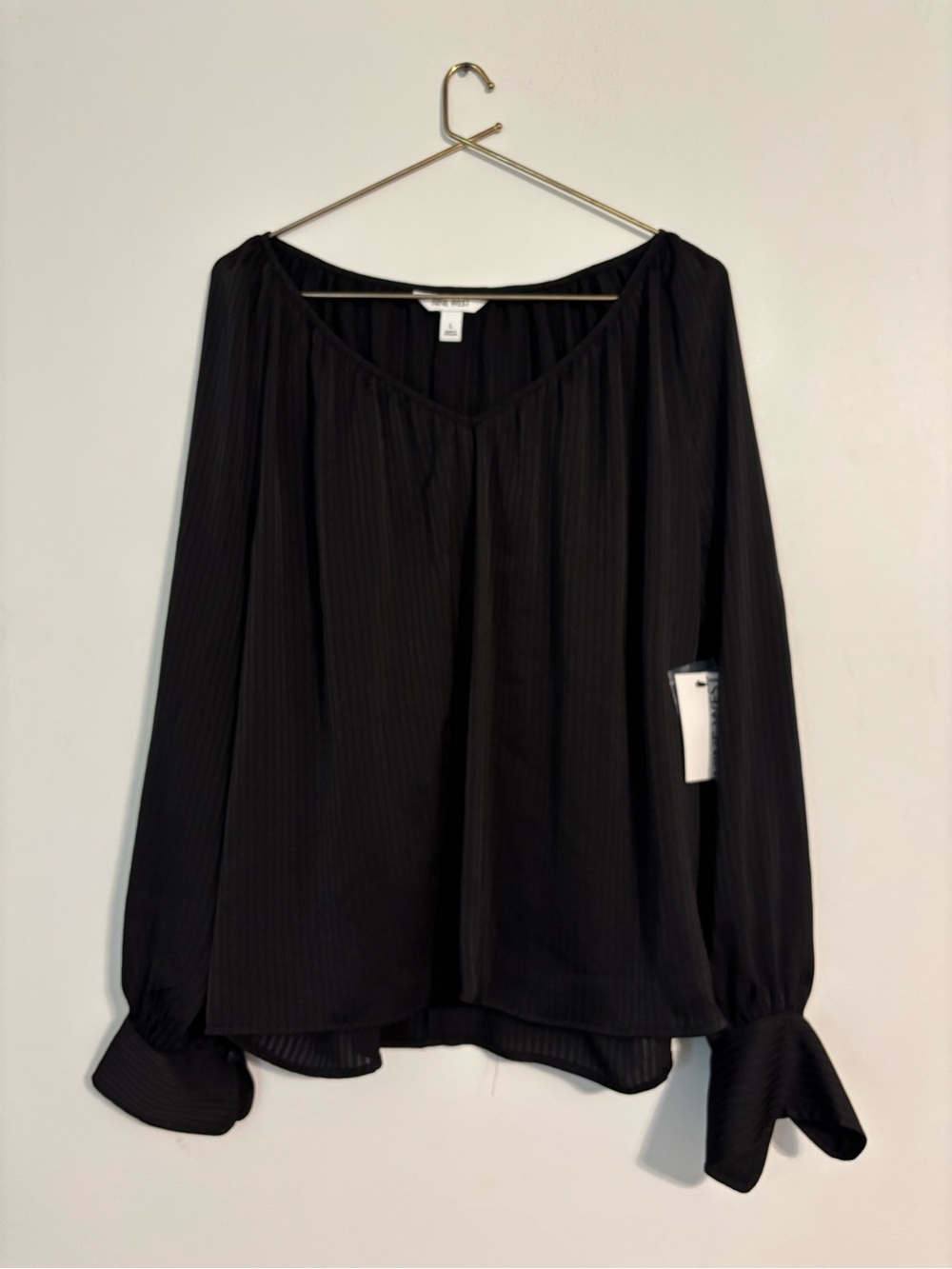 Nine West Blouson V-Neck Blouse - NWT - Large - Black - Pleated Long Sleeve